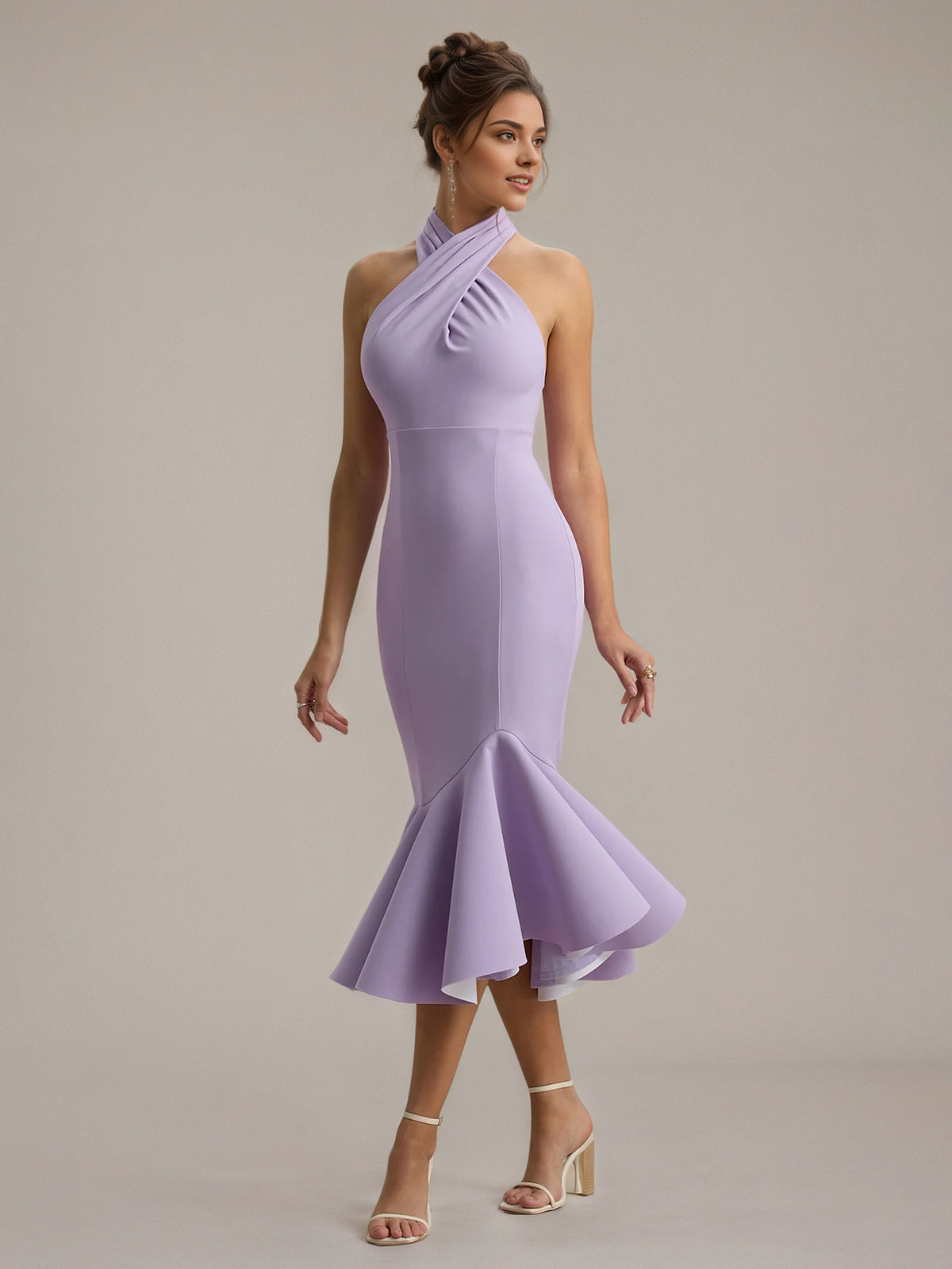 Lilac Chiffon Sheath/Column Halter Neck Sleeveless Tea Length Dress
