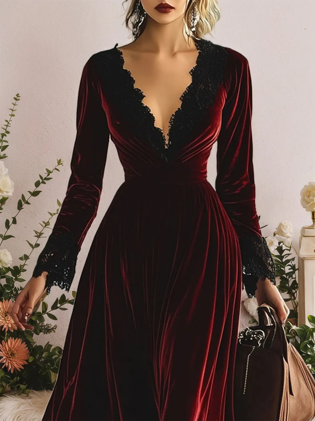 Fashion Retro V-neck Lace Splicing Long Sleeve Maxi Dress