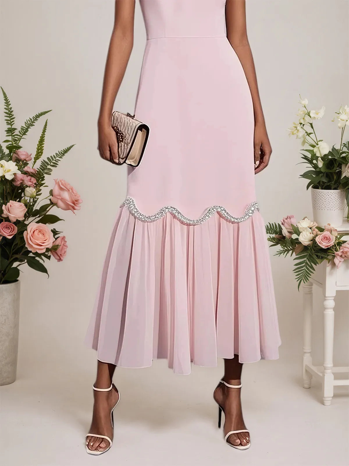 Pink Rhinestone Classic Sweetheart Neckline Short Sleeve A-Line Maxi Dress