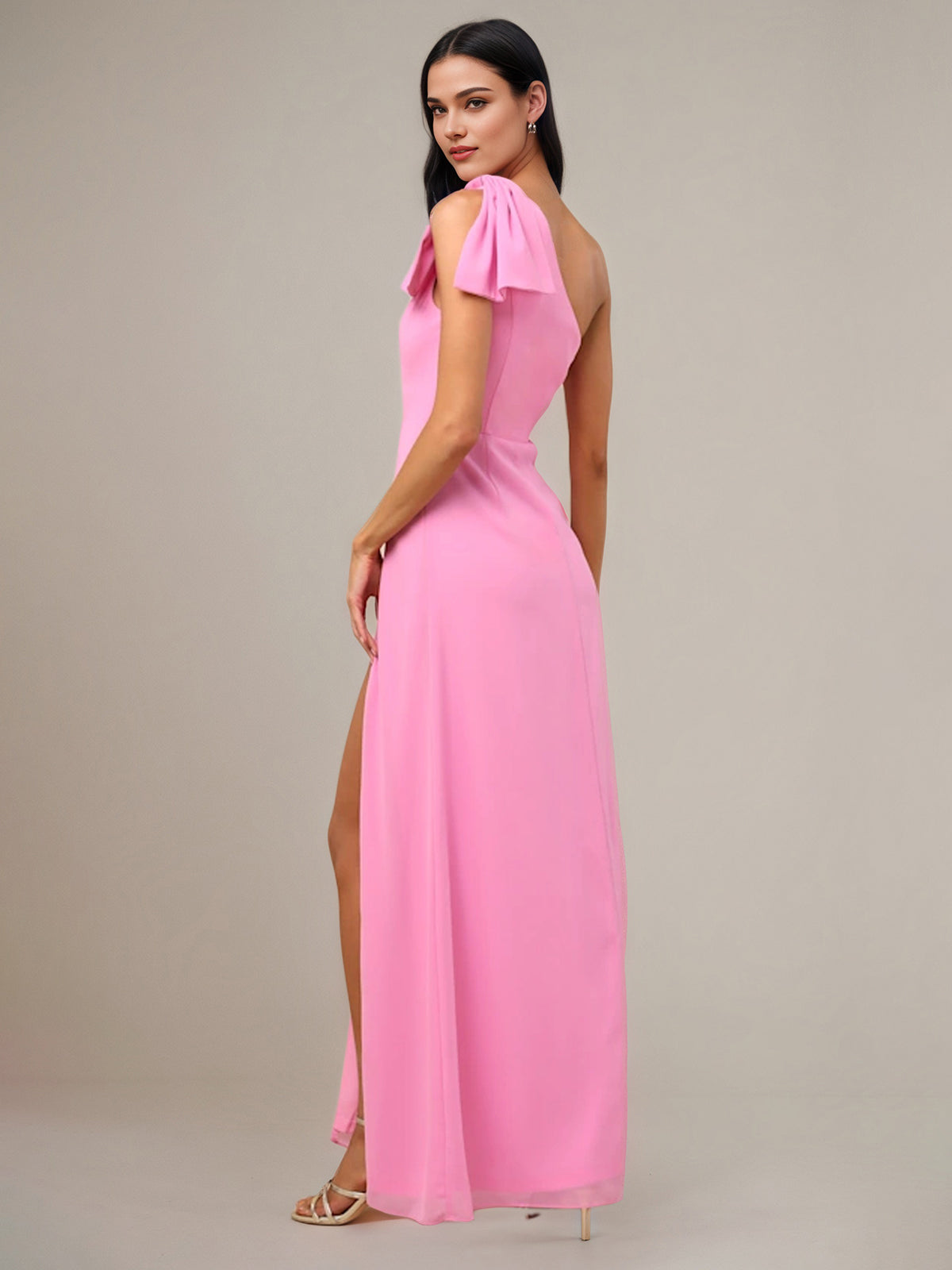 Pink Chiffon Sheath/Column One Shoulder Sleeveless Floor Length Bridesmaid Dress With Bow