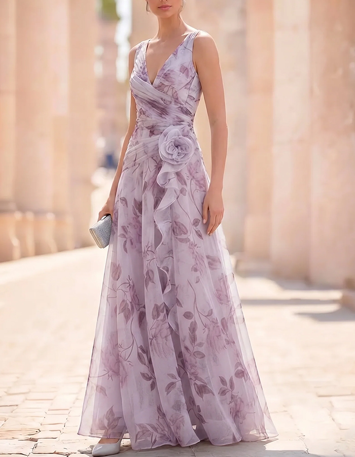 Floral Chiffon V-Neck with 3D Flower Maxi Dress