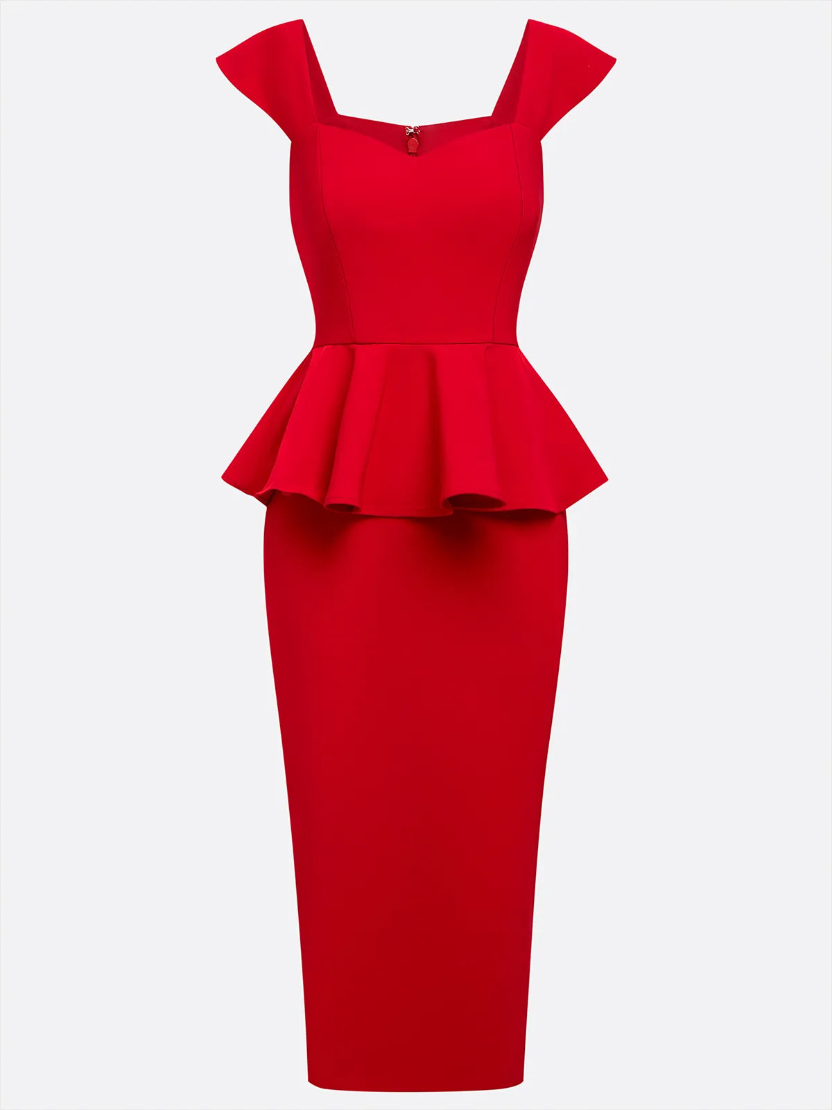Red Peplum Square Neck Sleeveless Sheath Midi Dress