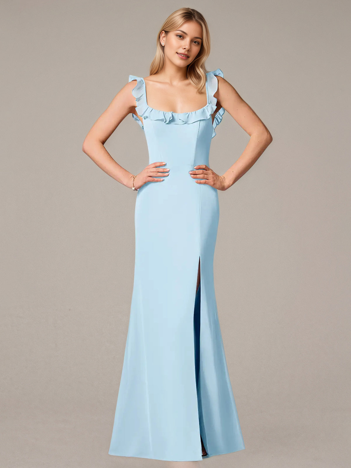 Sheath/Column Chiffon Off The Shoulder Sleeveless Floor Length Dresses With Ruffles