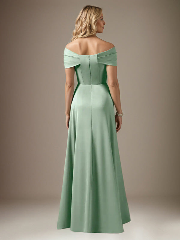 Mist Blue A Line Satin Off The Shoulder Sleeveless Floor Length Dress