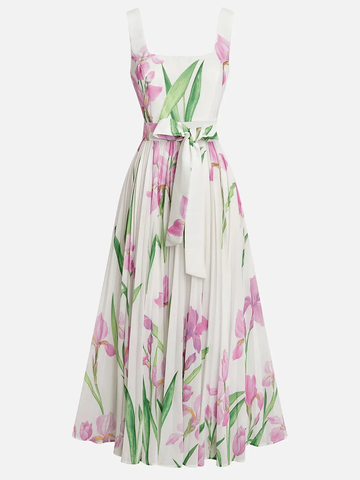 White Pleated Floral Chiffon Square Neck Sleeveless A-Line Maxi Dress