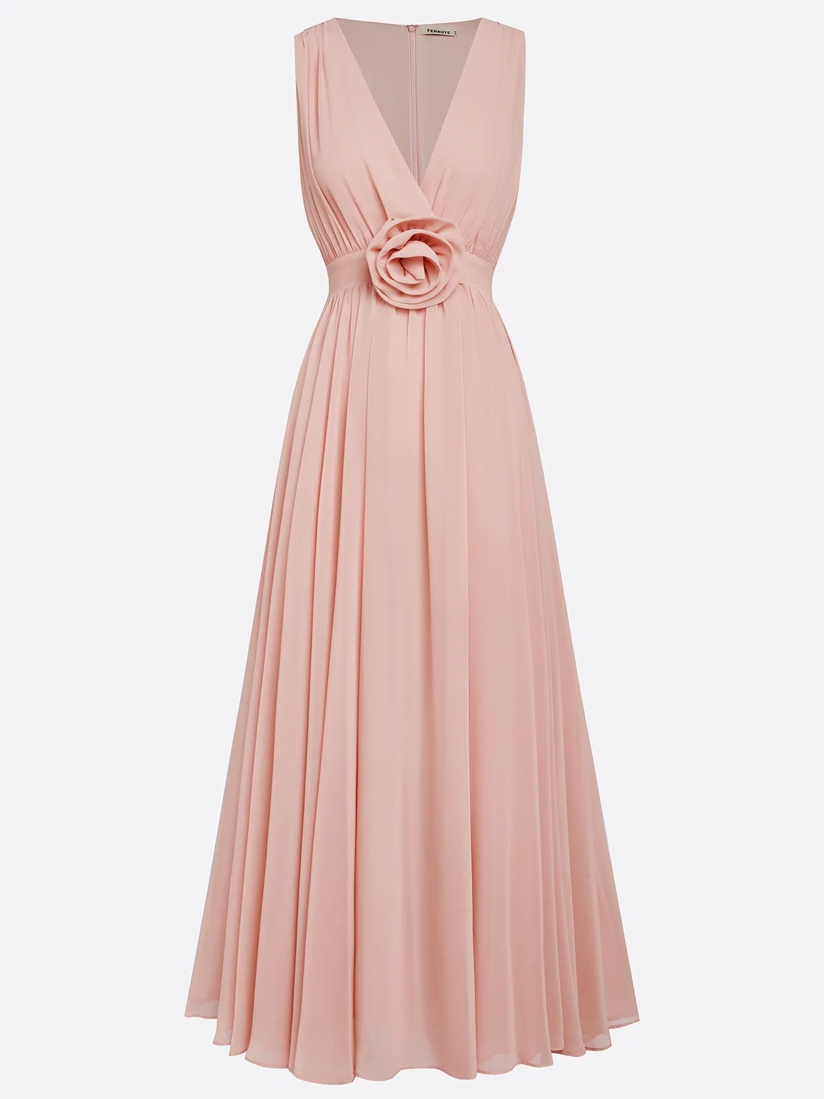 Pink A Line Chiffon V Neck Sleeveless Floor Length Dresses With 3D Flower