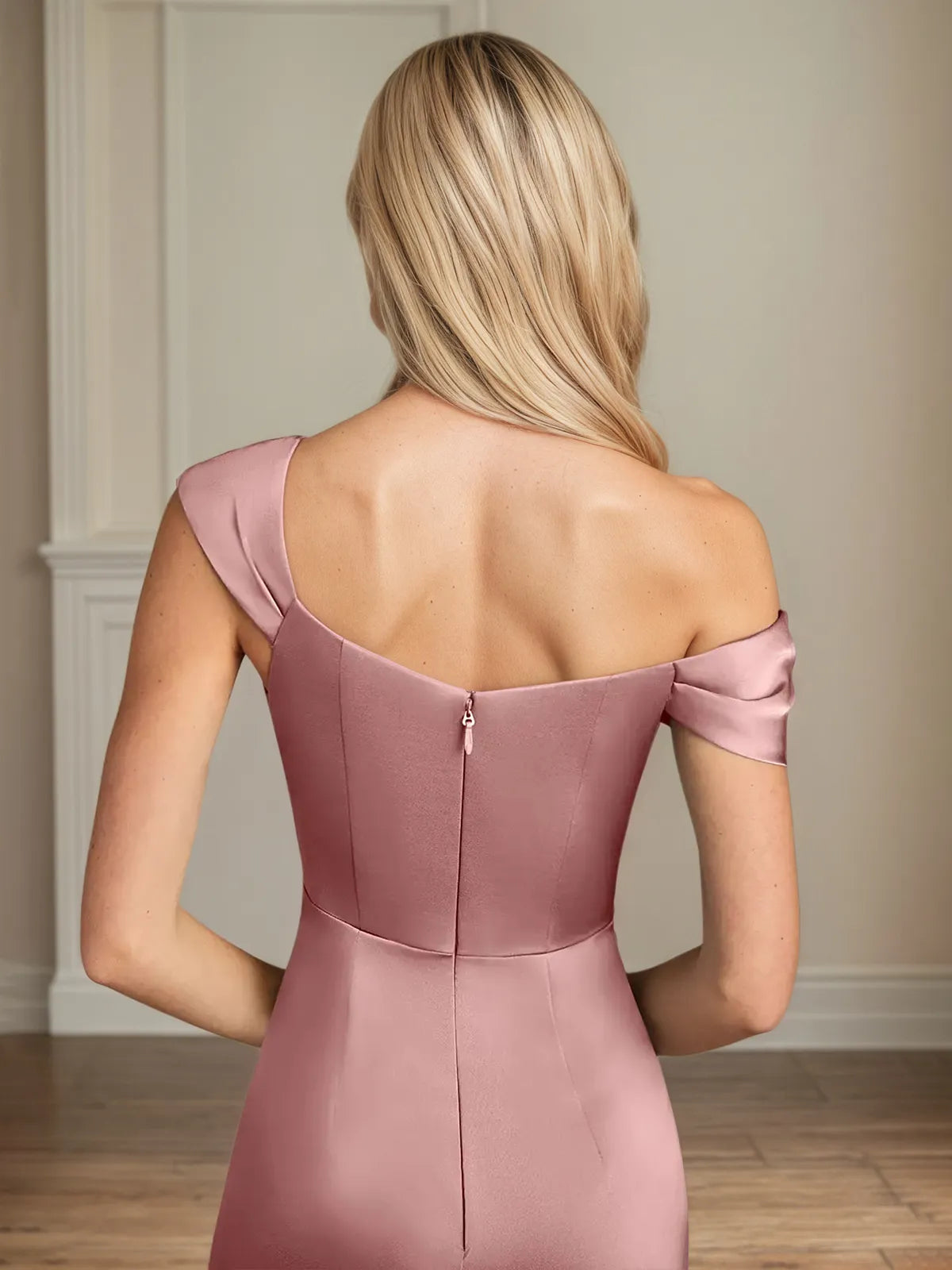 Sheath/Column One Shoulder Floor-Length Satin Dress With Pleated