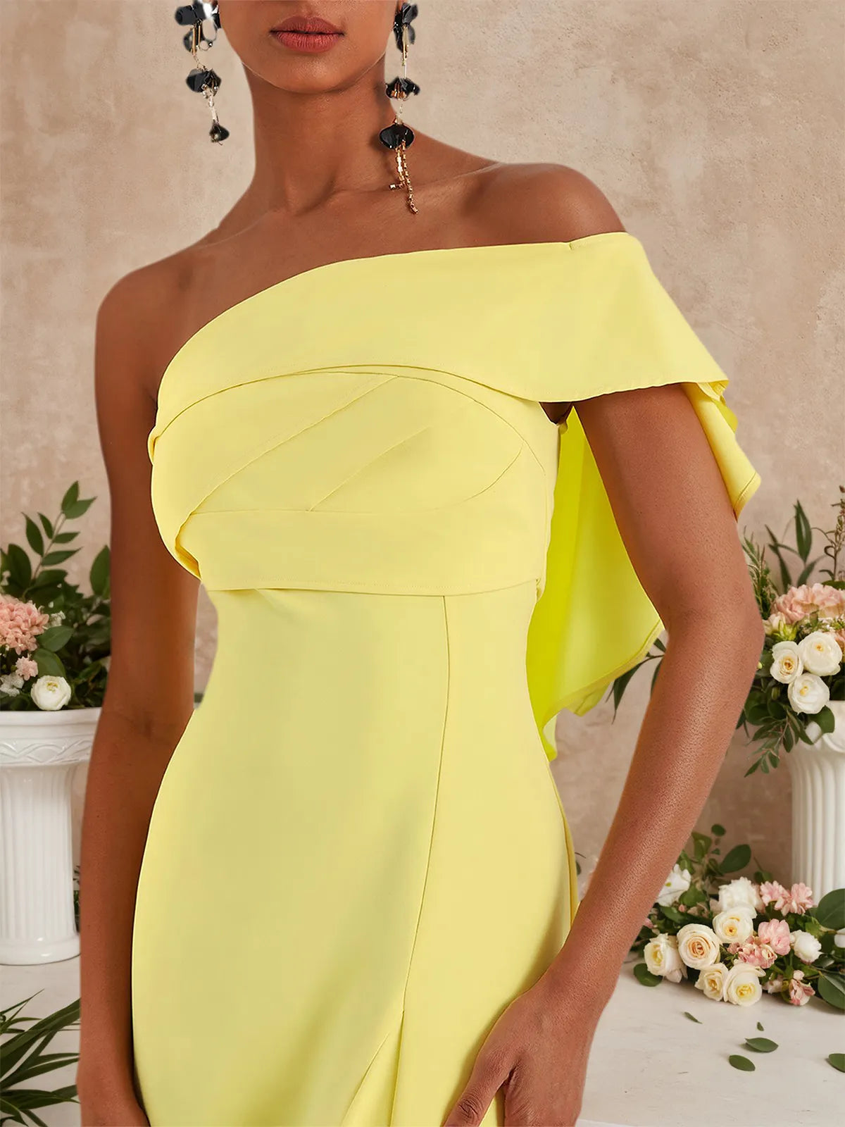 Yellow Ruched One Shoulder A-Line Gown