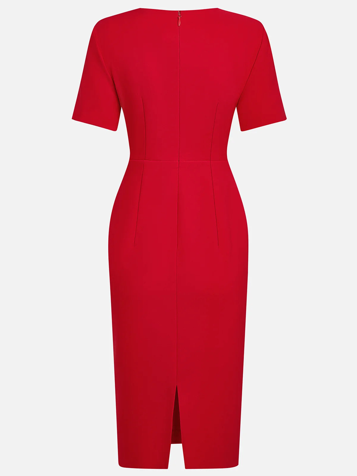 Red Sheath/Column Stretch Crepe Scoop Neck Short Sleeves Tea Length Dresses