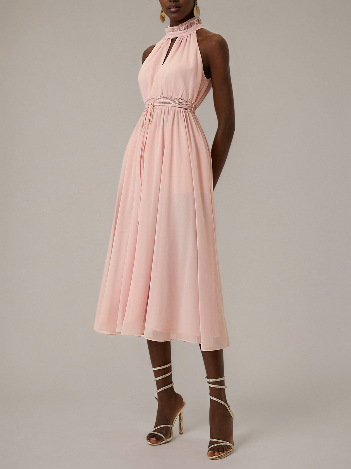 Pink A Line Chiffon Halter Neck Sleeveless Tea Length Dresses