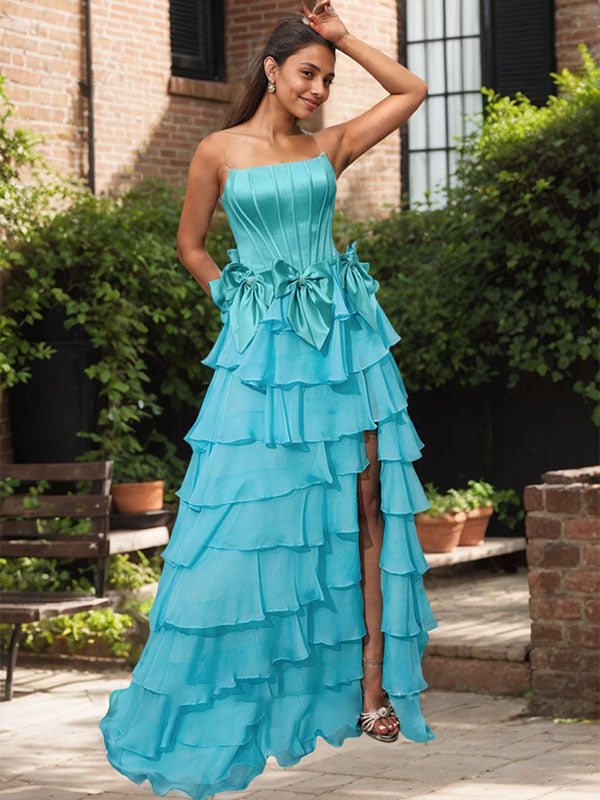 Blue A Line Strapless Long Pleated Prom Dress With Slit