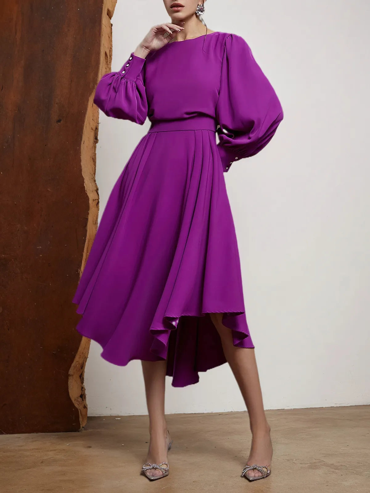 Rose Red Asymmetric Boat Neck Long Balloon Sleeve A-Line Midi Dress