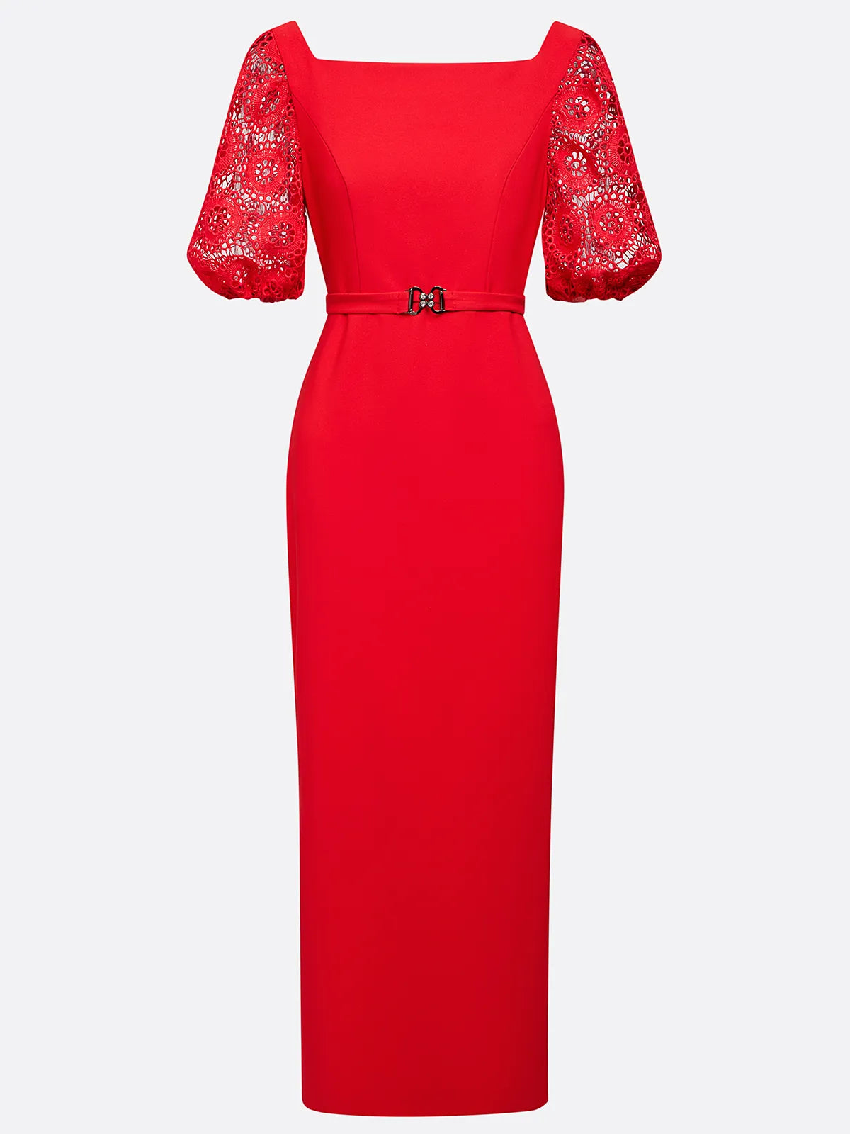 Red Lace Classic Boat Neck Short Sleeve Balloon Sleeve Sheath Maxi Dress