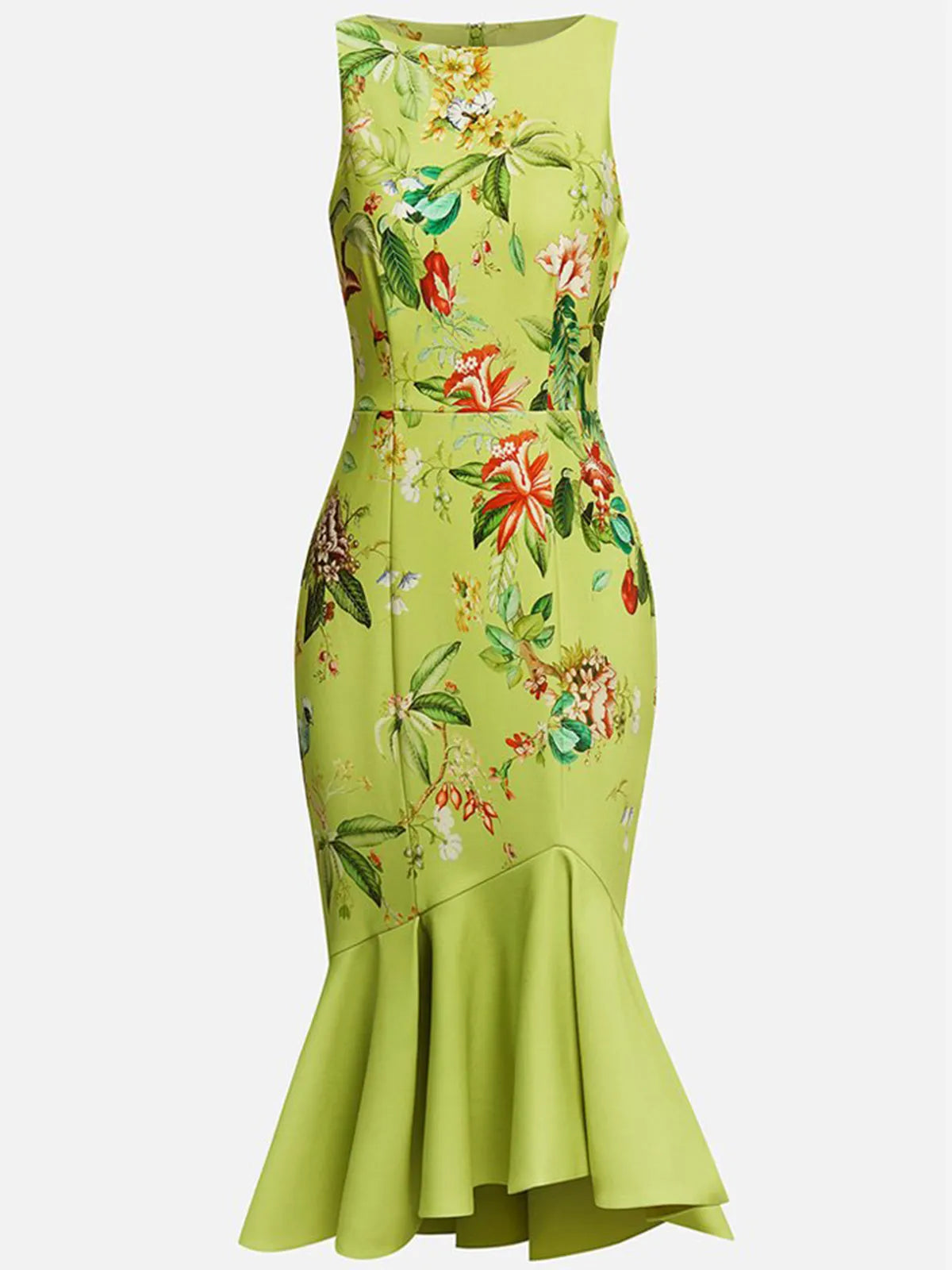 Green Floral Boat Neck Sleeveless Mermaid Midi Dress