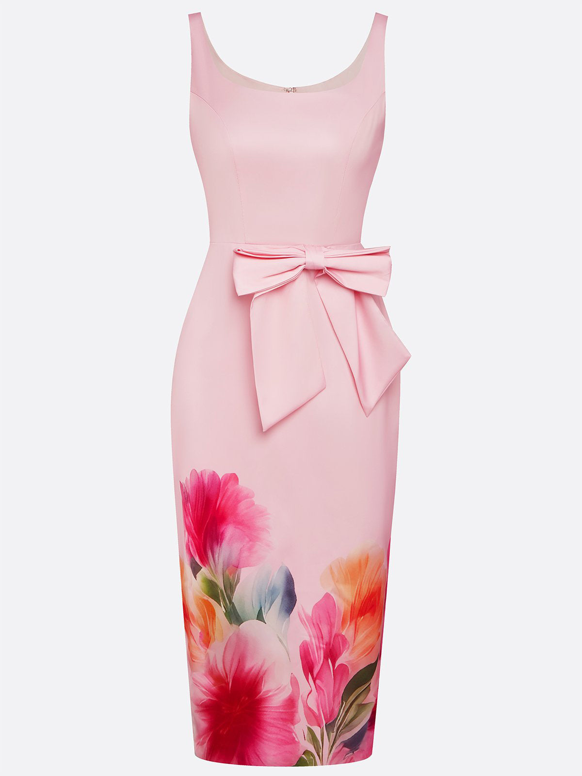 Pink Bow Floral Square Neck Sheath Midi Satin Dress