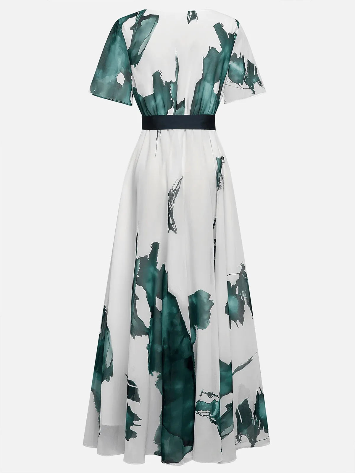 Blue Printing Chiffon V Neck Short Sleeve A-Line Maxi Dress