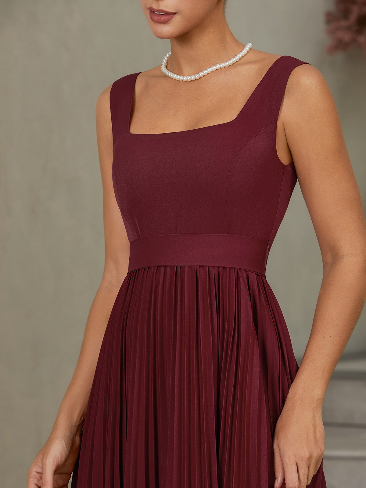 Wine Red Pleated Classic Square Neck Sleeveless A-Line Maxi Dress