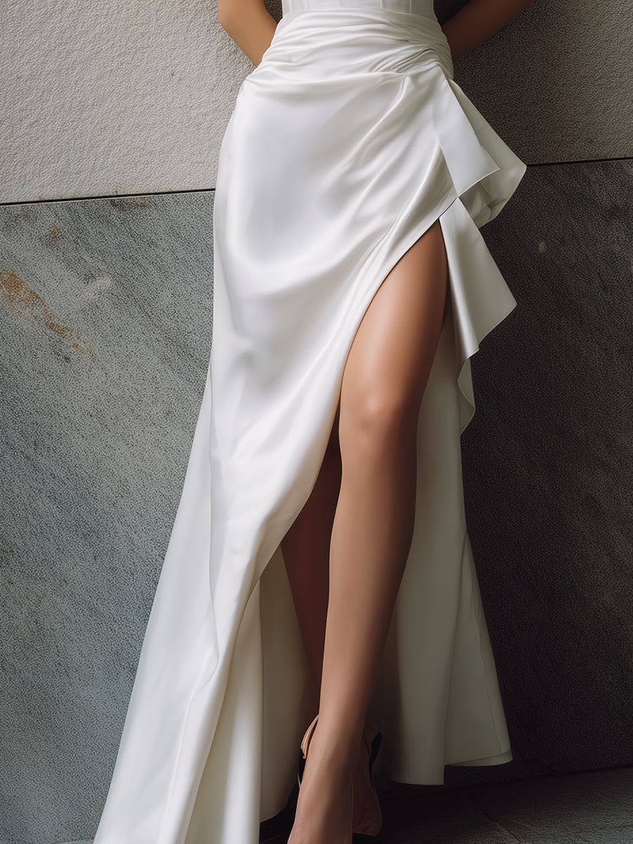 White Asymmetric Draped One-Shoulder Satin Gown With Front Slit