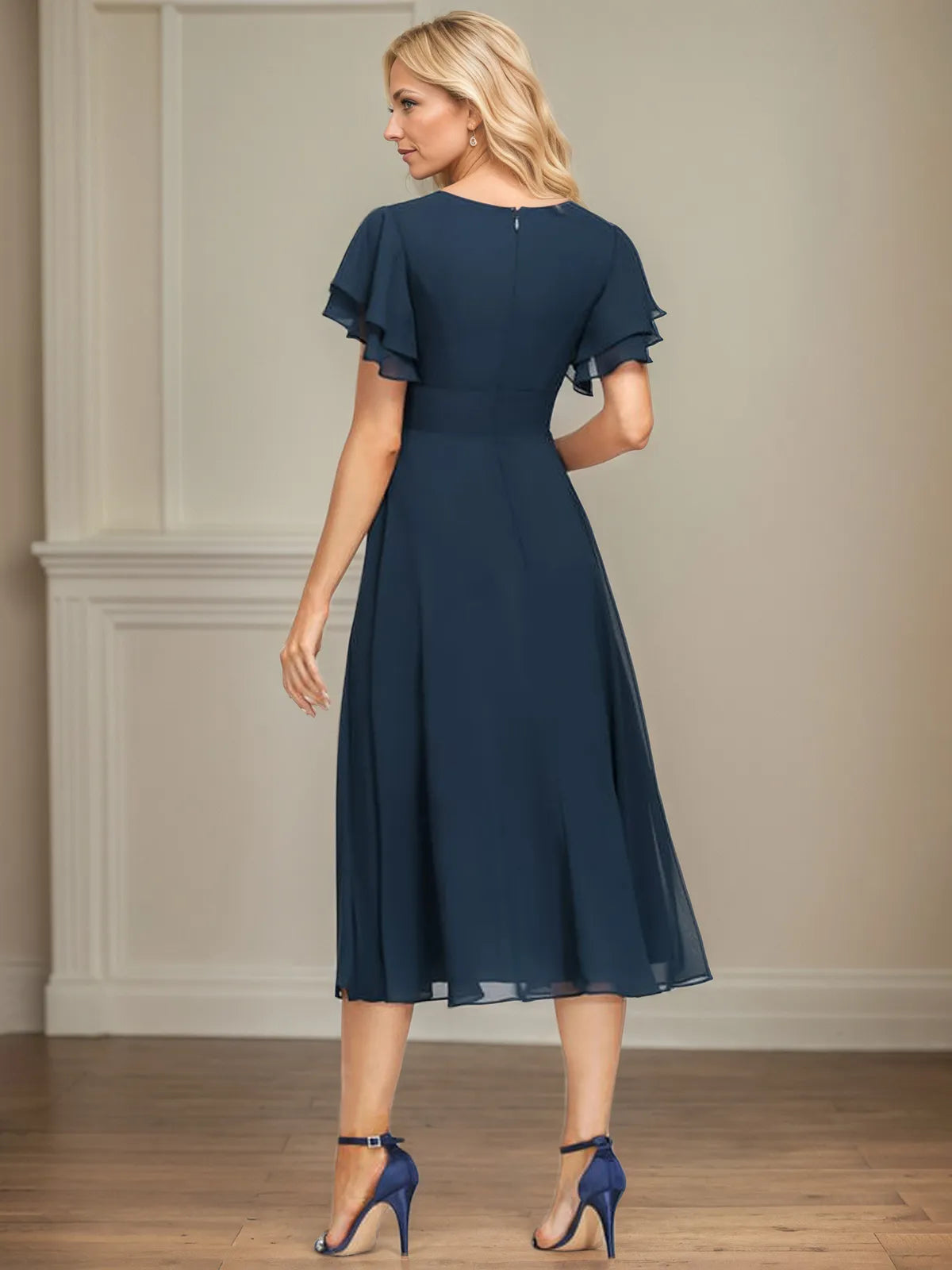 A Line V-Neck Tea Length Chiffon Dress With Cascading Ruffles