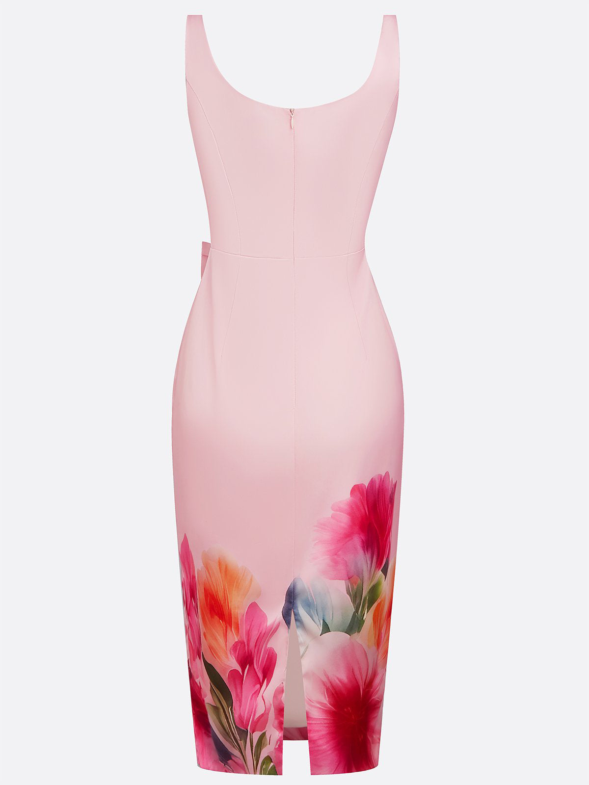 Pink Bow Floral Square Neck Sheath Midi Satin Dress