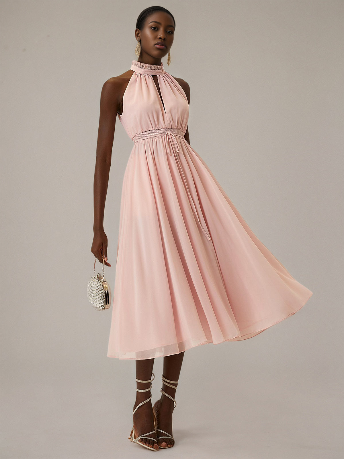 Pink A Line Chiffon Halter Neck Sleeveless Tea Length Dresses
