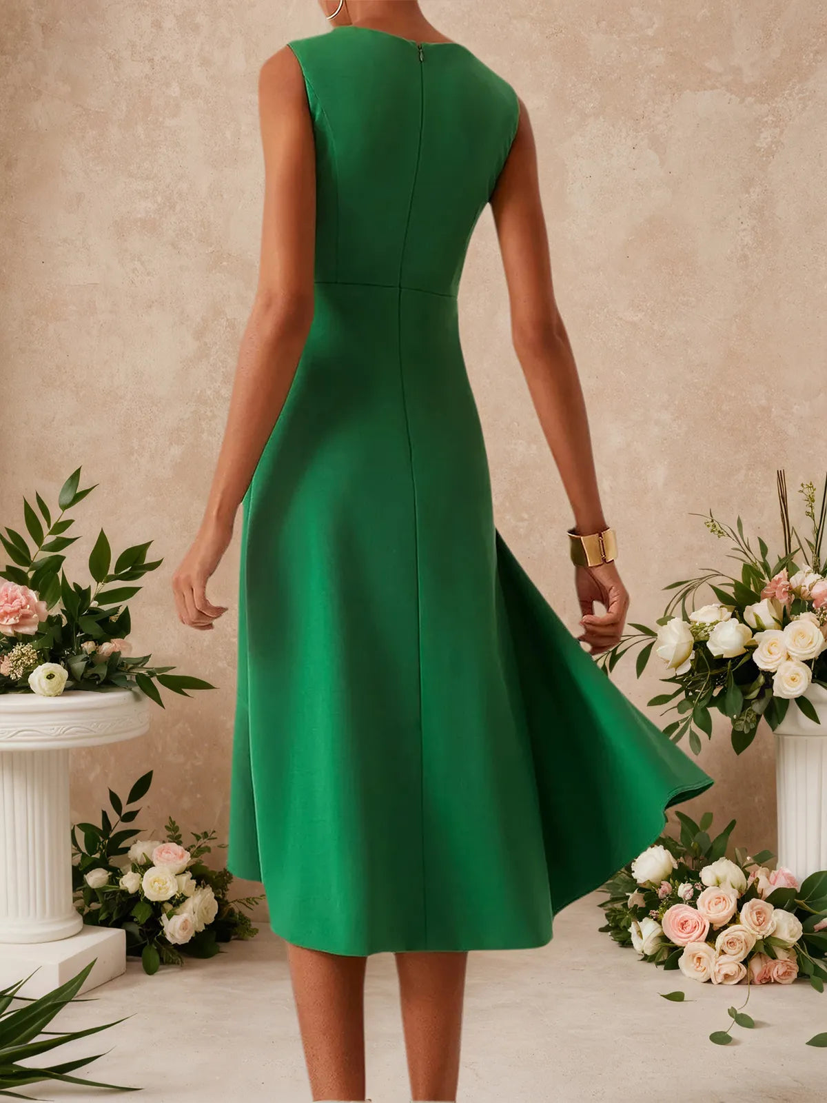 Green Commuting Sleeveless Boat Neck Plain A-line Midi Dress
