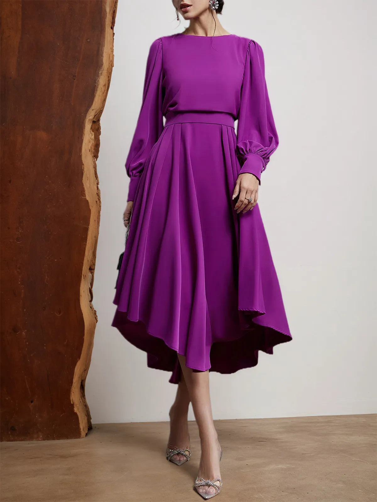 Rose Red Asymmetric Boat Neck Long Balloon Sleeve A-Line Midi Dress