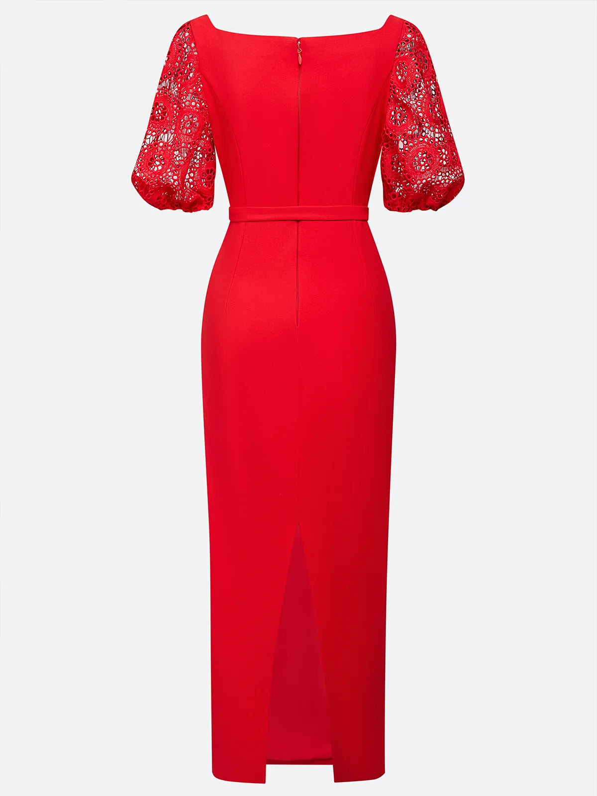 Red Lace Classic Boat Neck Short Sleeve Balloon Sleeve Sheath Maxi Dress