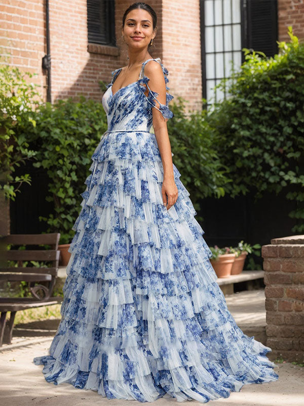 Blue Floral A Line V Neck Long Pleated Prom Dress With Slit