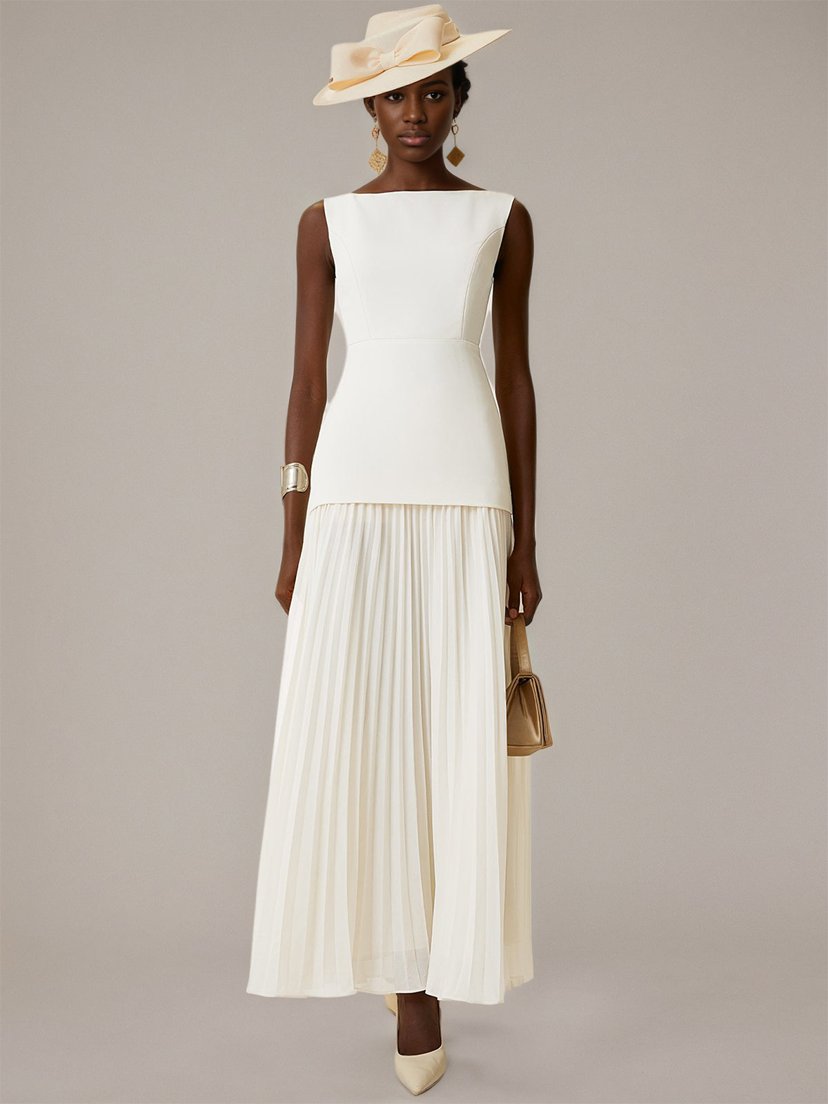 White A Line Chiffon Round Neck Sleeveless Floor Length Dresses