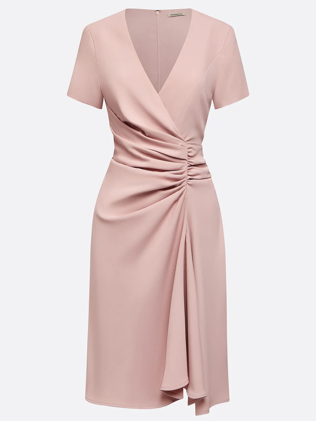 Pink Sheath/Column Satin V Neck Short Sleeves Knee Length Dresses