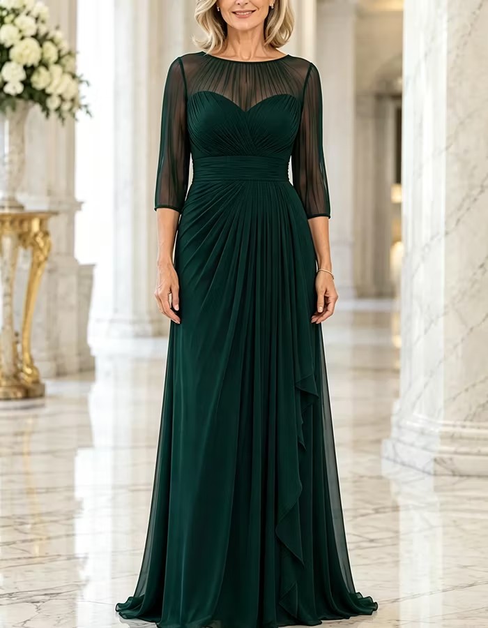 Illusion Boat Neck Pleated Chiffon Evening Gown