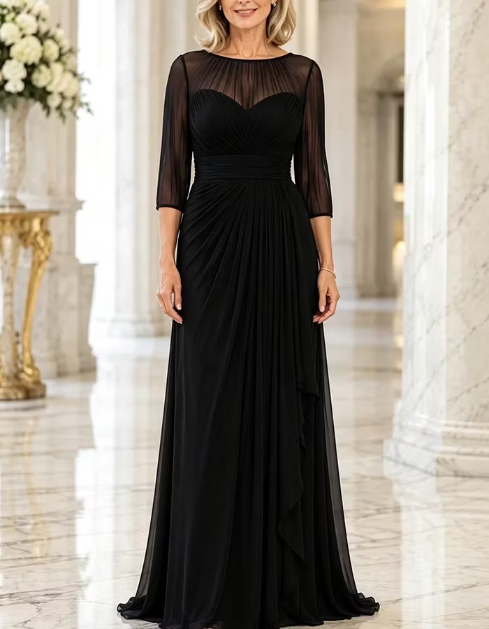 Illusion Boat Neck Pleated Chiffon Evening Gown