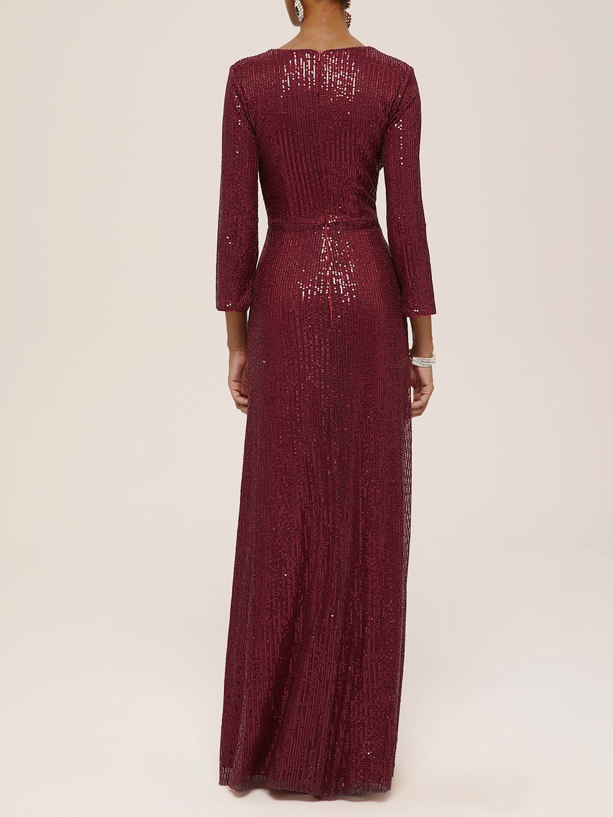 Red Ruched Sequin V Neck Three Quarter Sleeve Sheath Maxi Mother of the Bride or Groom Dress