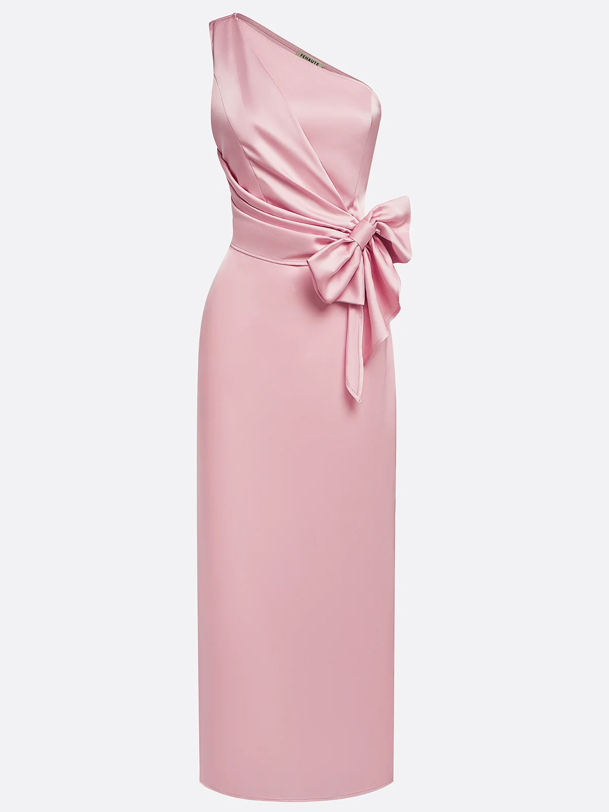 Pink Sheath/Column Satin One Shoulder Sleeveless Ankle Length Dresses With Bow