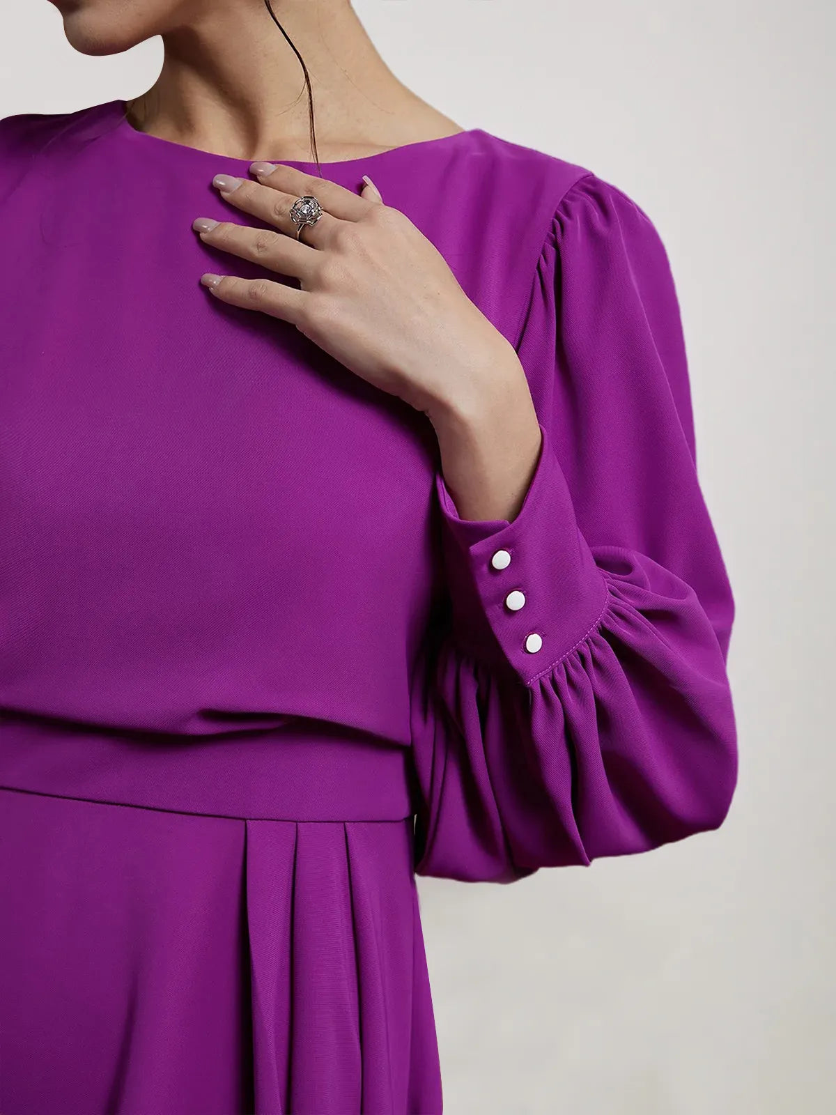 Rose Red Asymmetric Boat Neck Long Balloon Sleeve A-Line Midi Dress