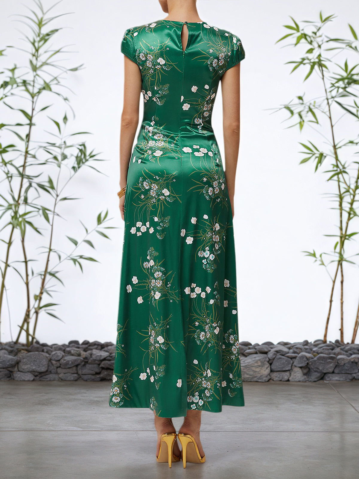 Green Floral Cap Sleeve Slit A Line Maxi Slit Dress