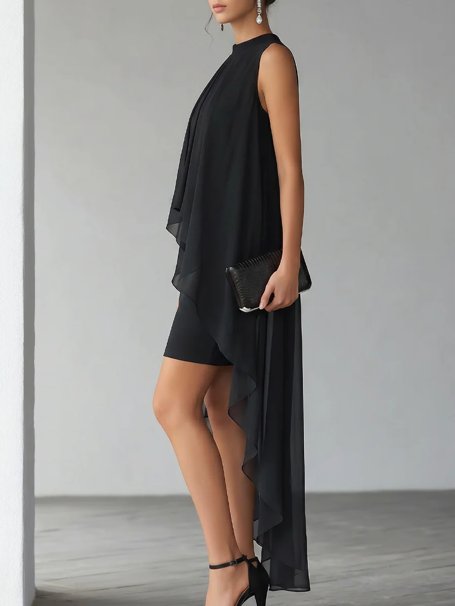 Asymmetrical Layered Chiffon Overlay Cocktail Dress