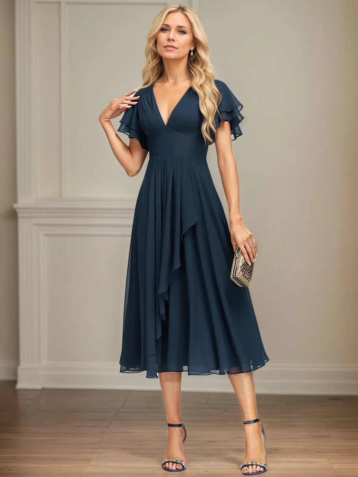 A Line V-Neck Tea Length Chiffon Dress With Cascading Ruffles