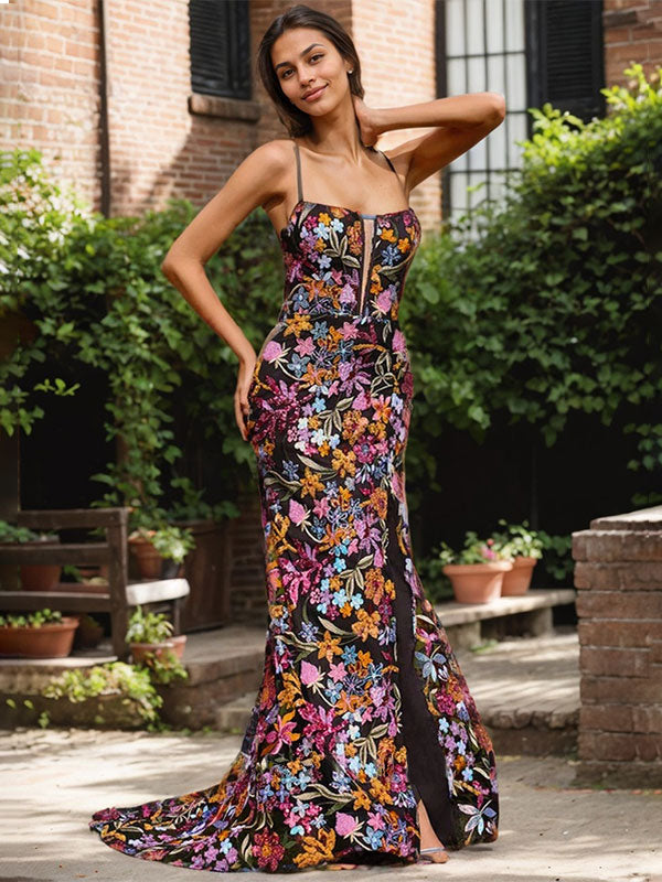 Black Floral Mermaid V-Neck Corset Long Prom Dress With Sequins Slit
