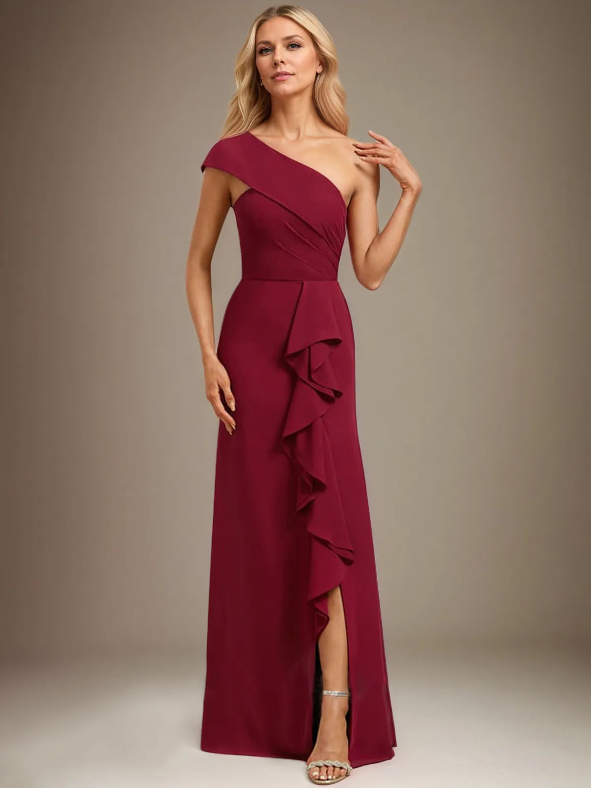 Trumpet/Mermaid One Shoulder Floor-Length Chiffon Evening Dress With Cascading Ruffles