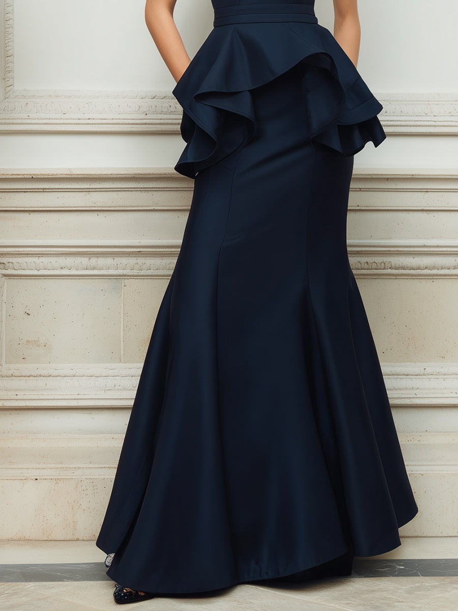 Navy Sleeveless Peplum Mermaid Maxi Dress