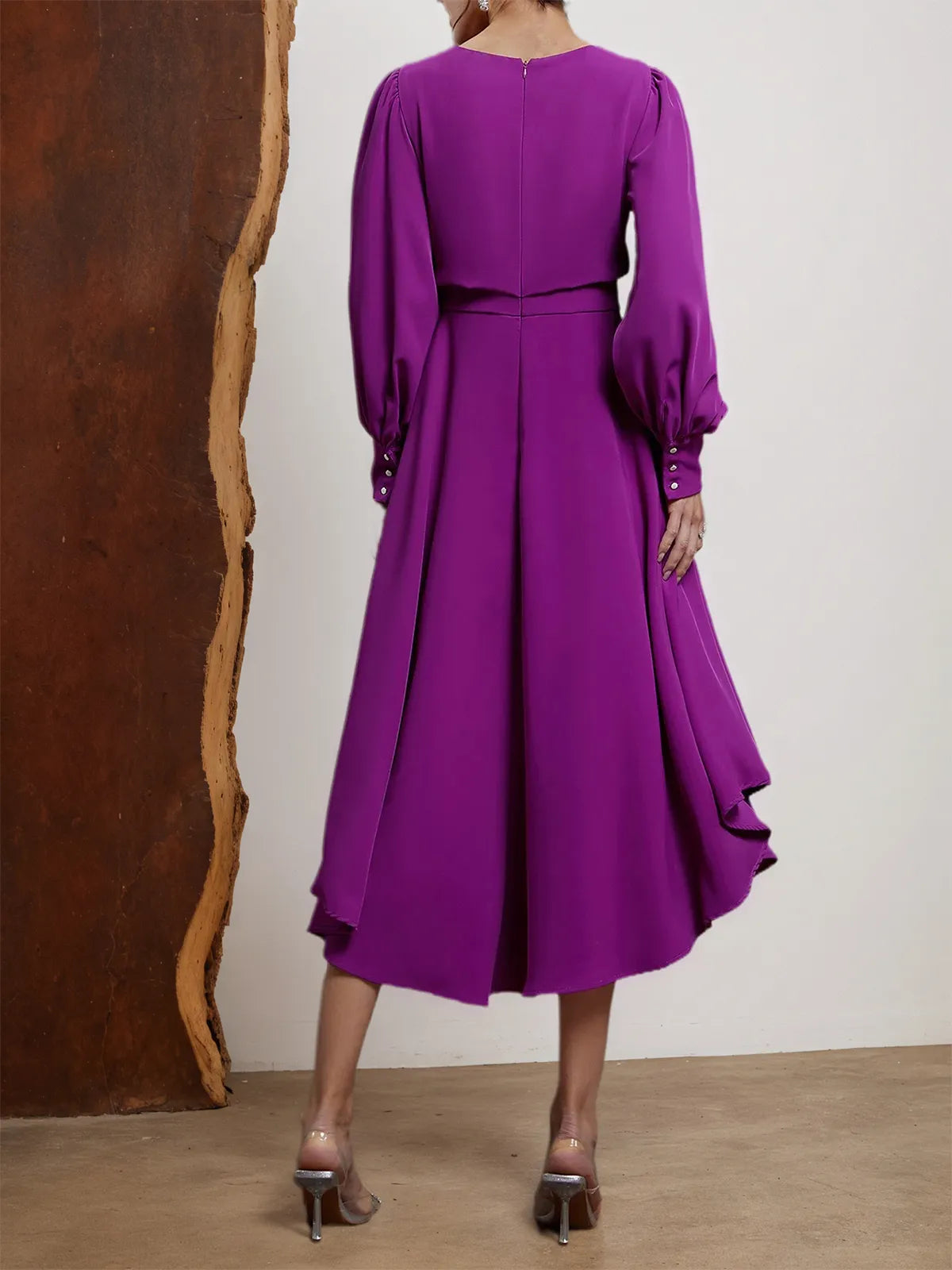 Rose Red Asymmetric Boat Neck Long Balloon Sleeve A-Line Midi Dress