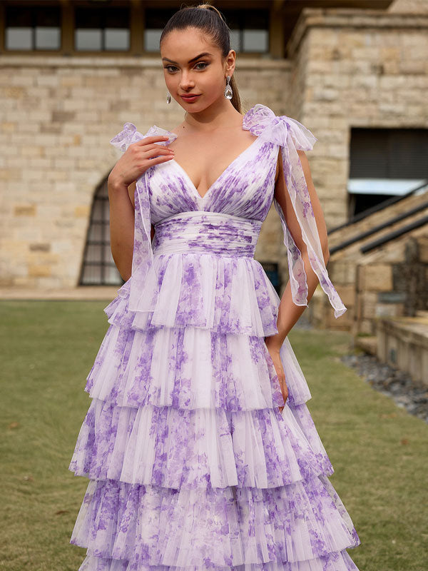 Purple Floral A Line V Neck Long Pleated Prom Dress With Slit