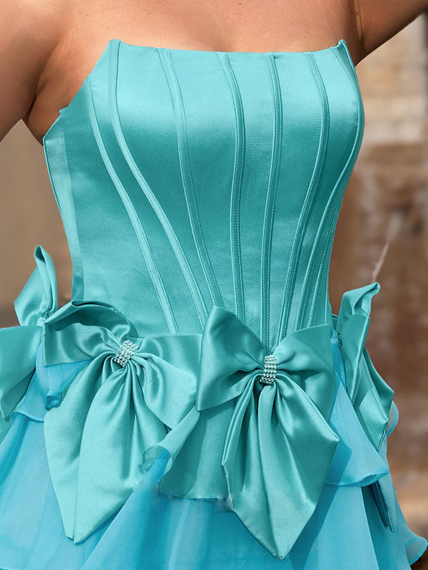 Blue A Line Strapless Long Pleated Prom Dress With Slit