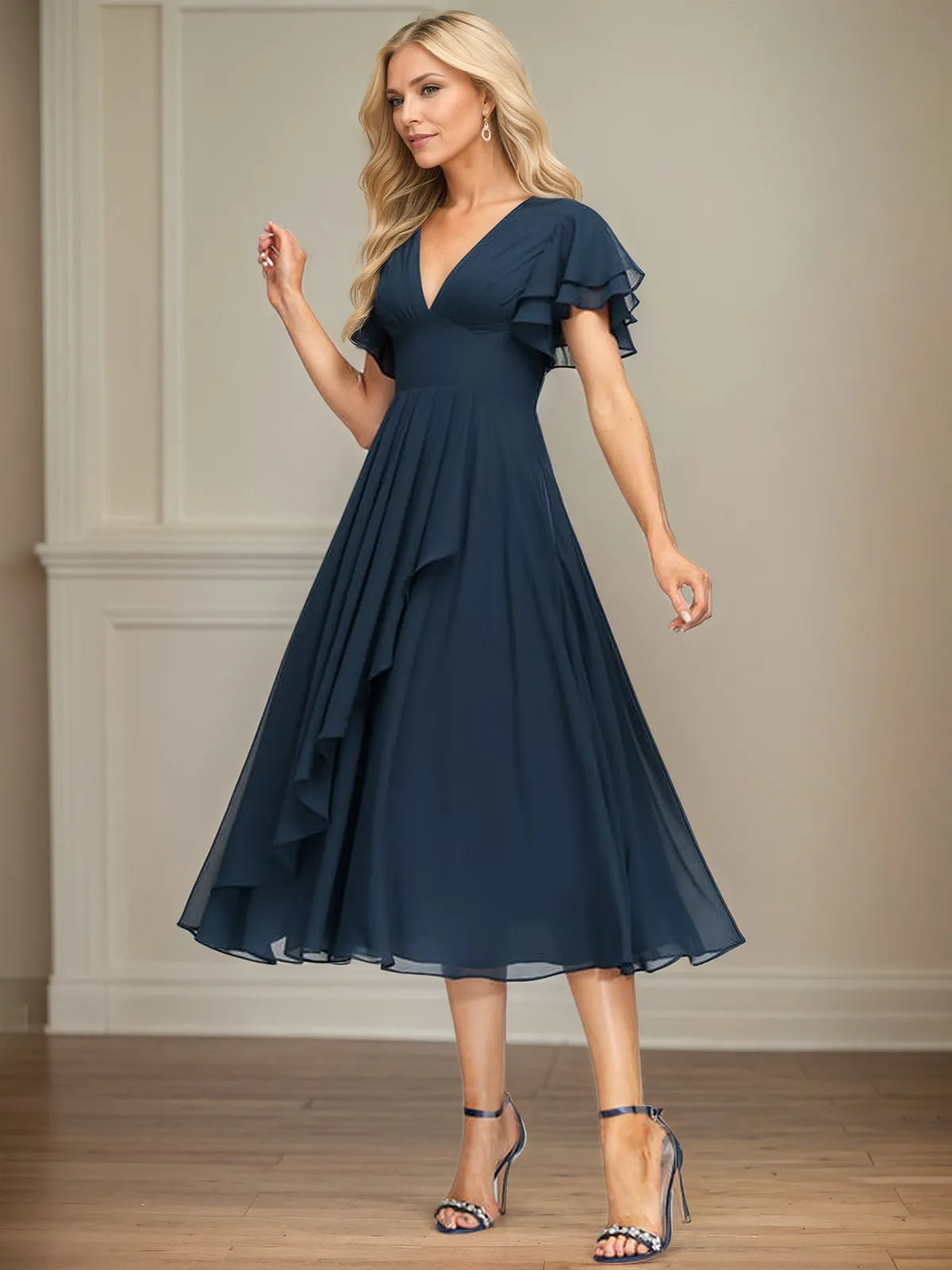 A Line V-Neck Tea Length Chiffon Dress With Cascading Ruffles