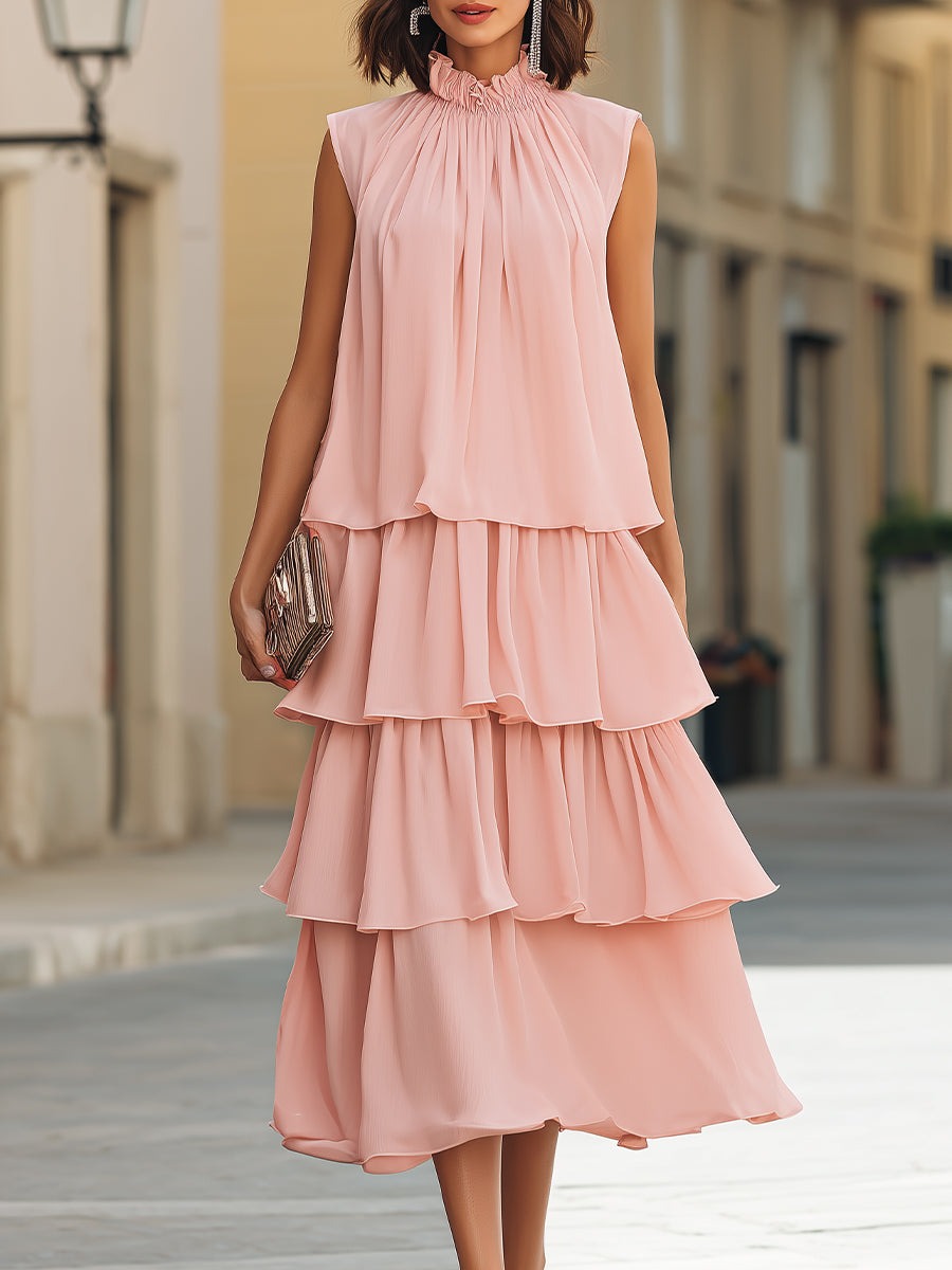 Pink Sleeveless Tiered Ruffle High-Neck Midi Dress