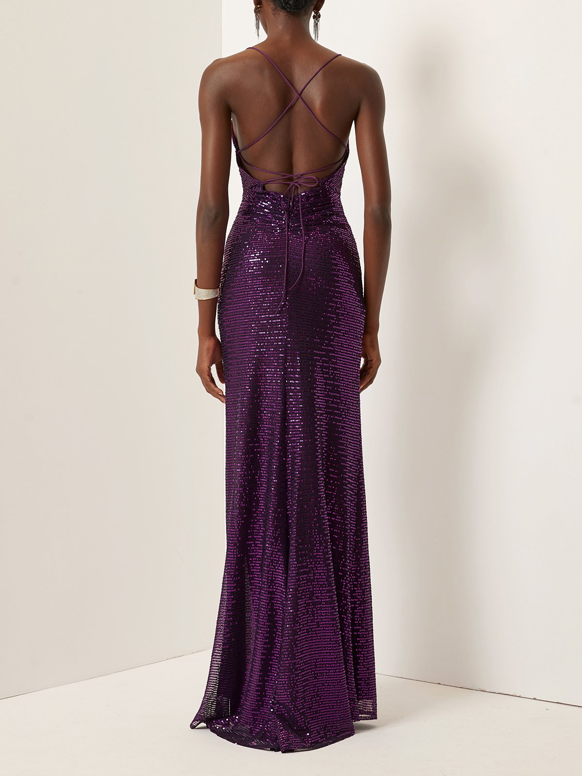 Purple Ruched Slit Sequin Spaghetti Gallus Sheath Gown Dress