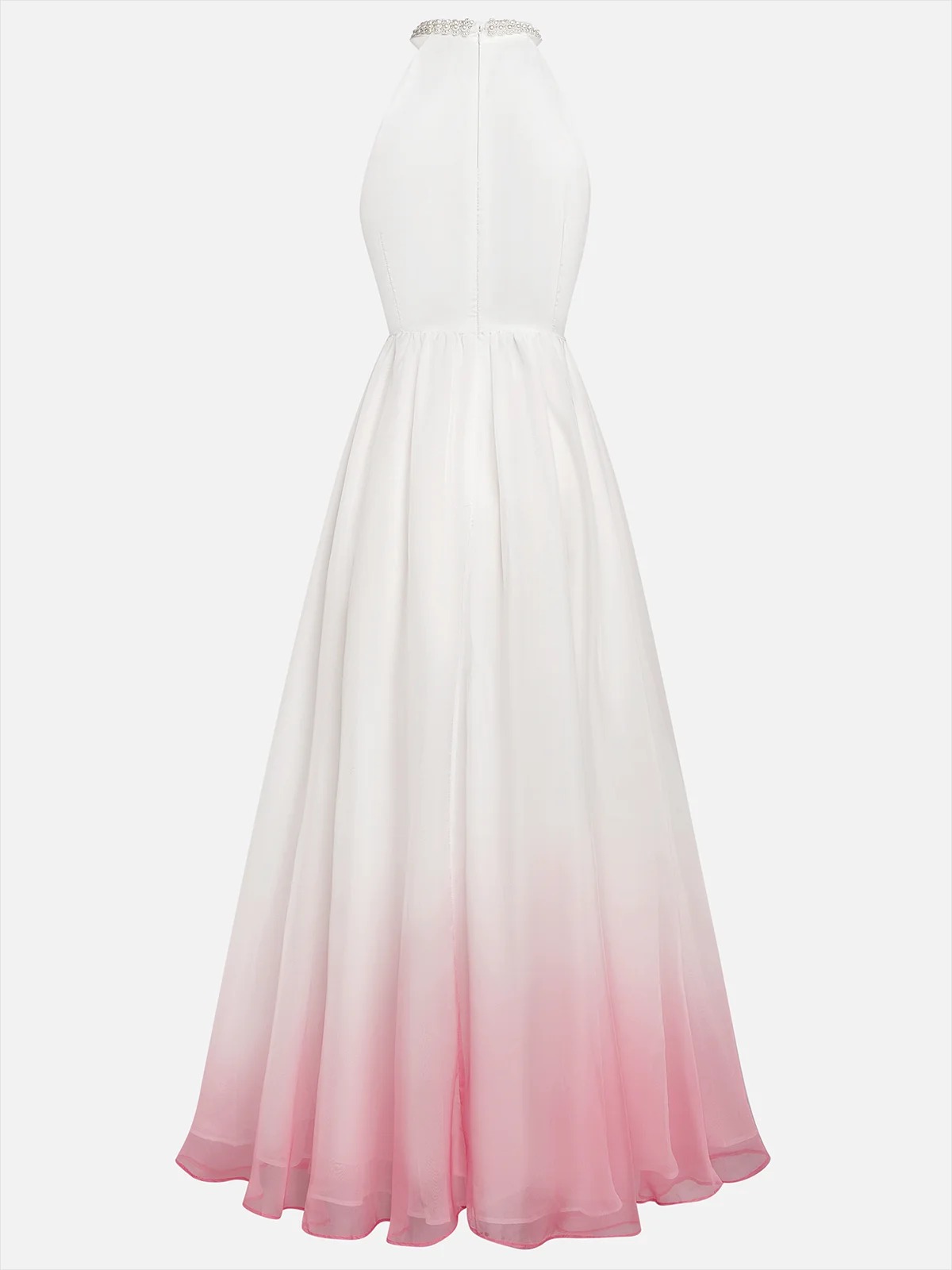 Pink Chiffon Halter Ombre Imitation Pearl Cut Out Sleeveless A-Line Mock Neck Maxi Dress