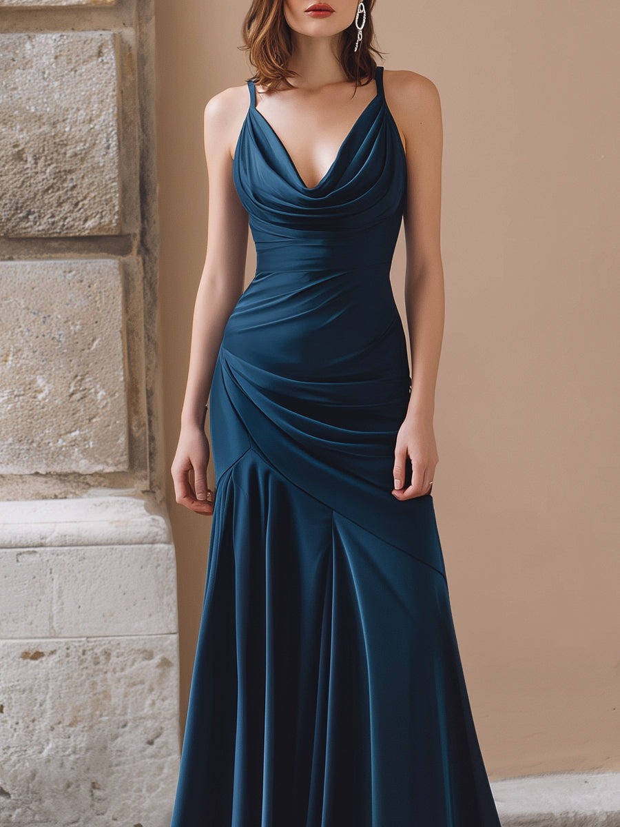 Navy Blue Draped Cowl Neck Ruched Maxi Dress